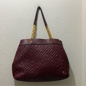 Tory Burch Large Fleming Triple Compartment Tote Wine Quilted Leather